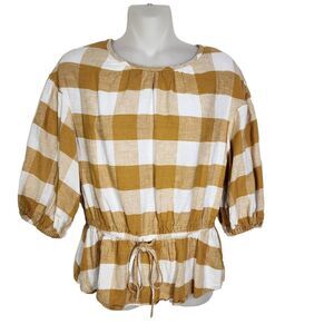 Who What Wear Womens Top Small Gingham Yellow Linen Blend Balloon Elbow Sleeve
